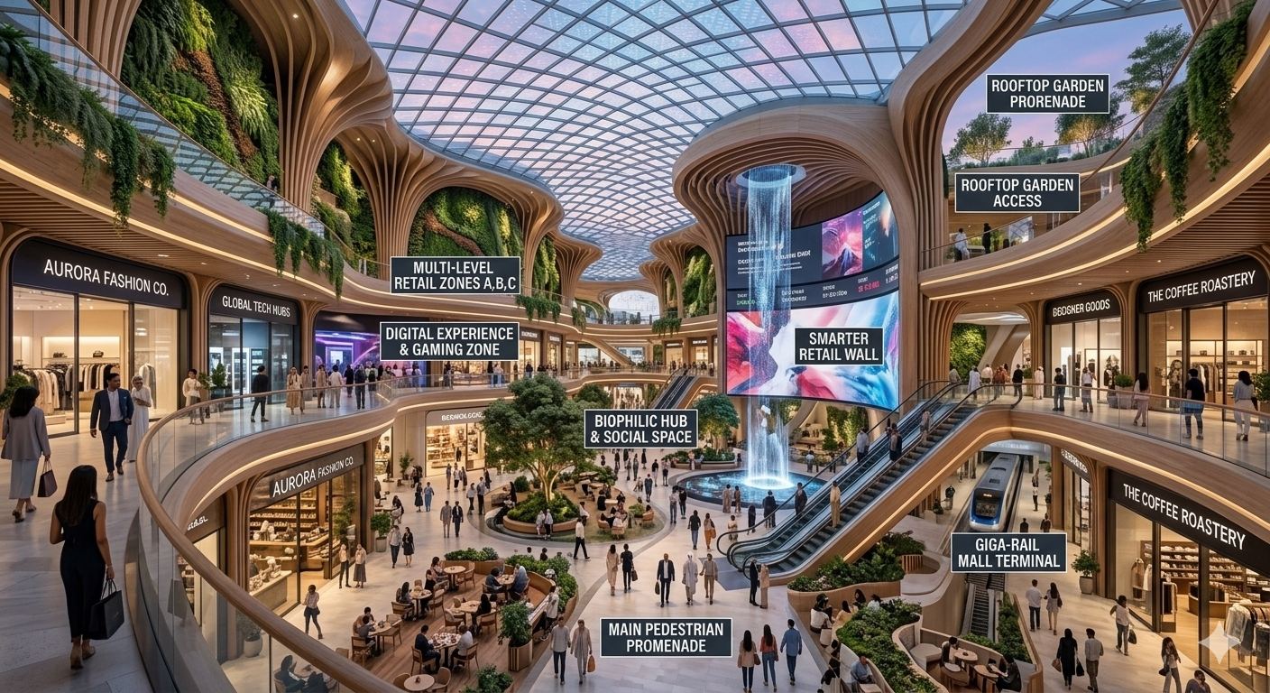 Multi-level shopping mall atrium with retail units