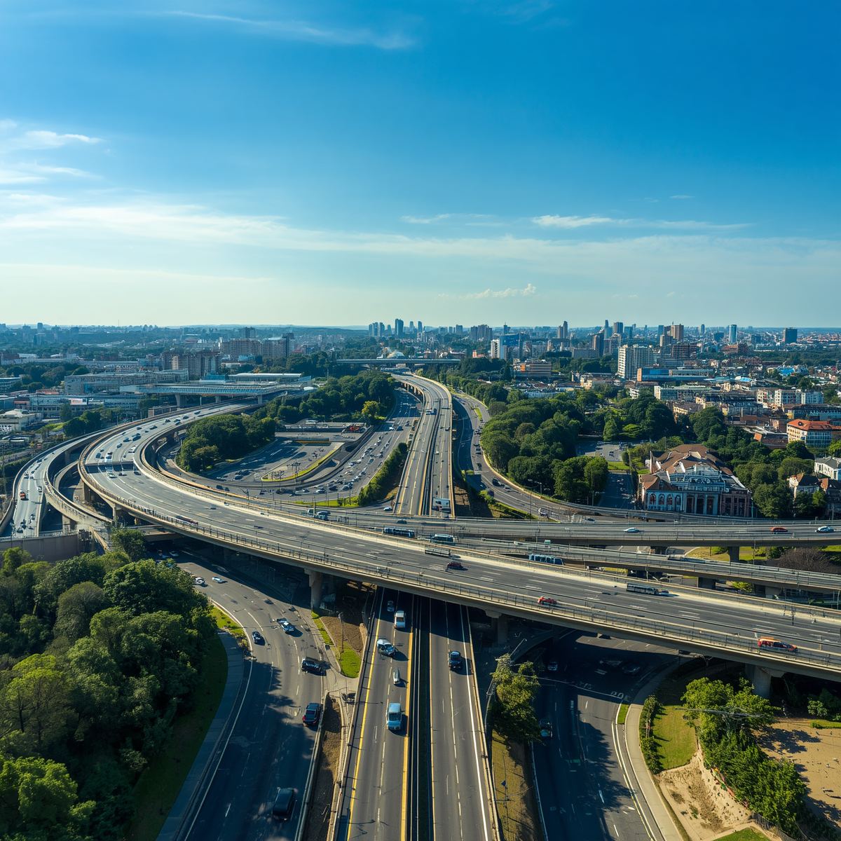 Aerial view of a major highway interchange with flyover bridges